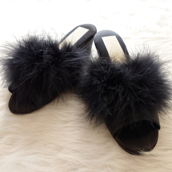 black feather slippers